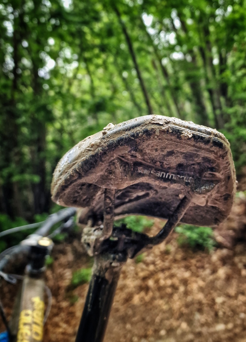 A close-up view of a muddy bicycle saddle, showing wear and dirt accumulation, with a blurred background of green foliage and tree trunks. The saddle is mounted on the bike's seat post, indicating recent use in an outdoor setting.