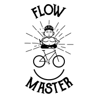 Illustration featuring a cartoon character with a bike helmet sitting cross-legged, radiating energy lines, accompanied by the words "FLOW MASTER" above and a smiley face below the bicycle.