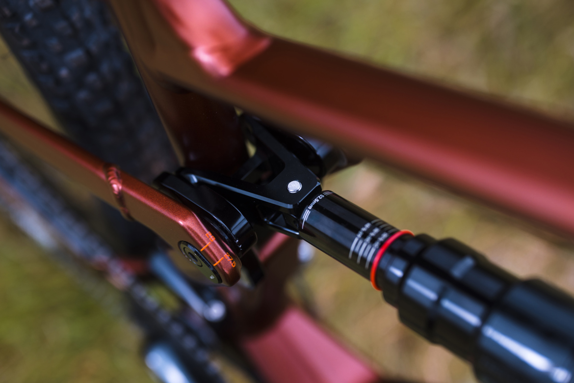 Close-up view of a mountain bike suspension linkage and components, featuring a shiny red frame with a black shock absorber. The image highlights the intricate details of the bike's design, including adjustment markings and the connection points of the suspension system against a blurred natural background.