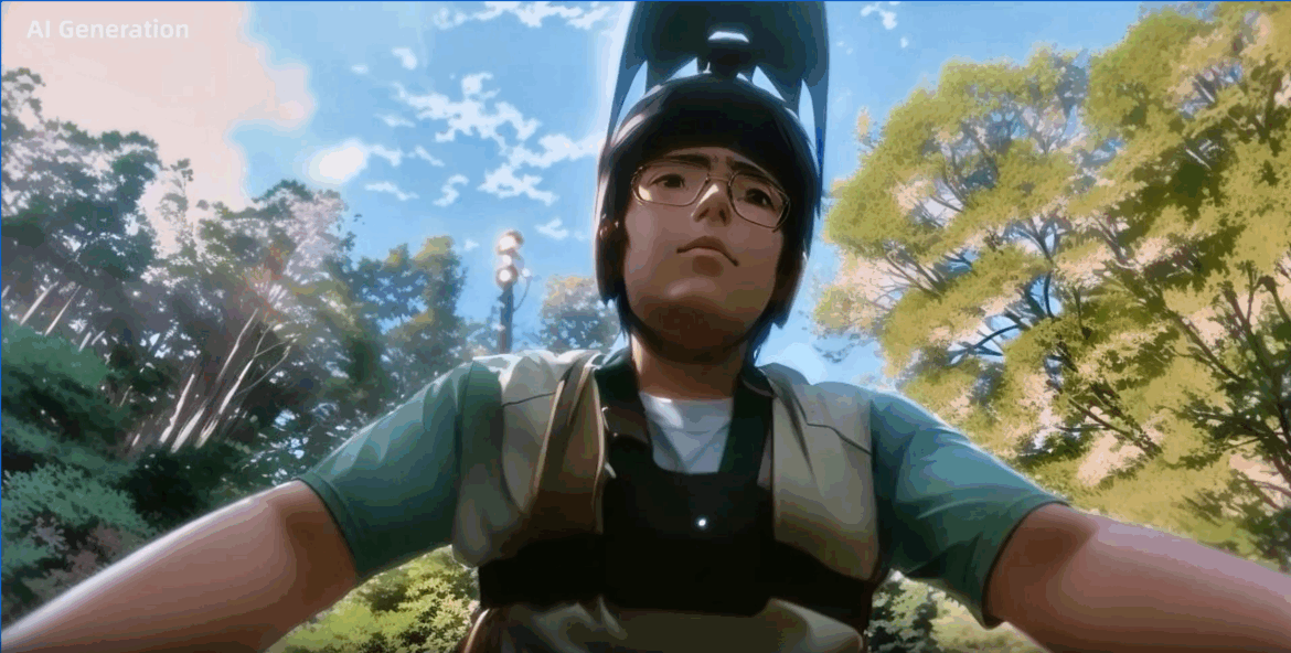 A close-up view of a young person wearing a helmet and glasses, looking directly at the camera. The background features lush greenery and a bright blue sky with scattered clouds. The individual is dressed in a light blue shirt and a harness, suggesting an outdoor activity.