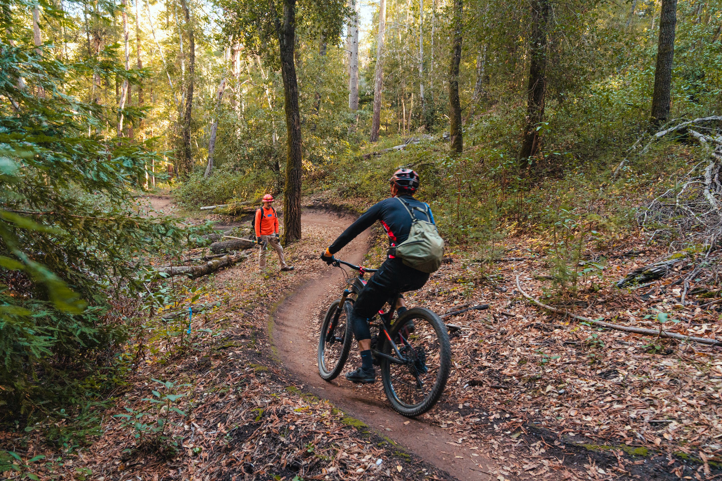 A mountain biker rides along a winding dirt path through a forest, while a person in an orange safety vest stands by the trail, observing. Tall trees surround the area, with scattered leaves and natural debris on the ground. Demo Forest Flow Trail mountain bike trail.