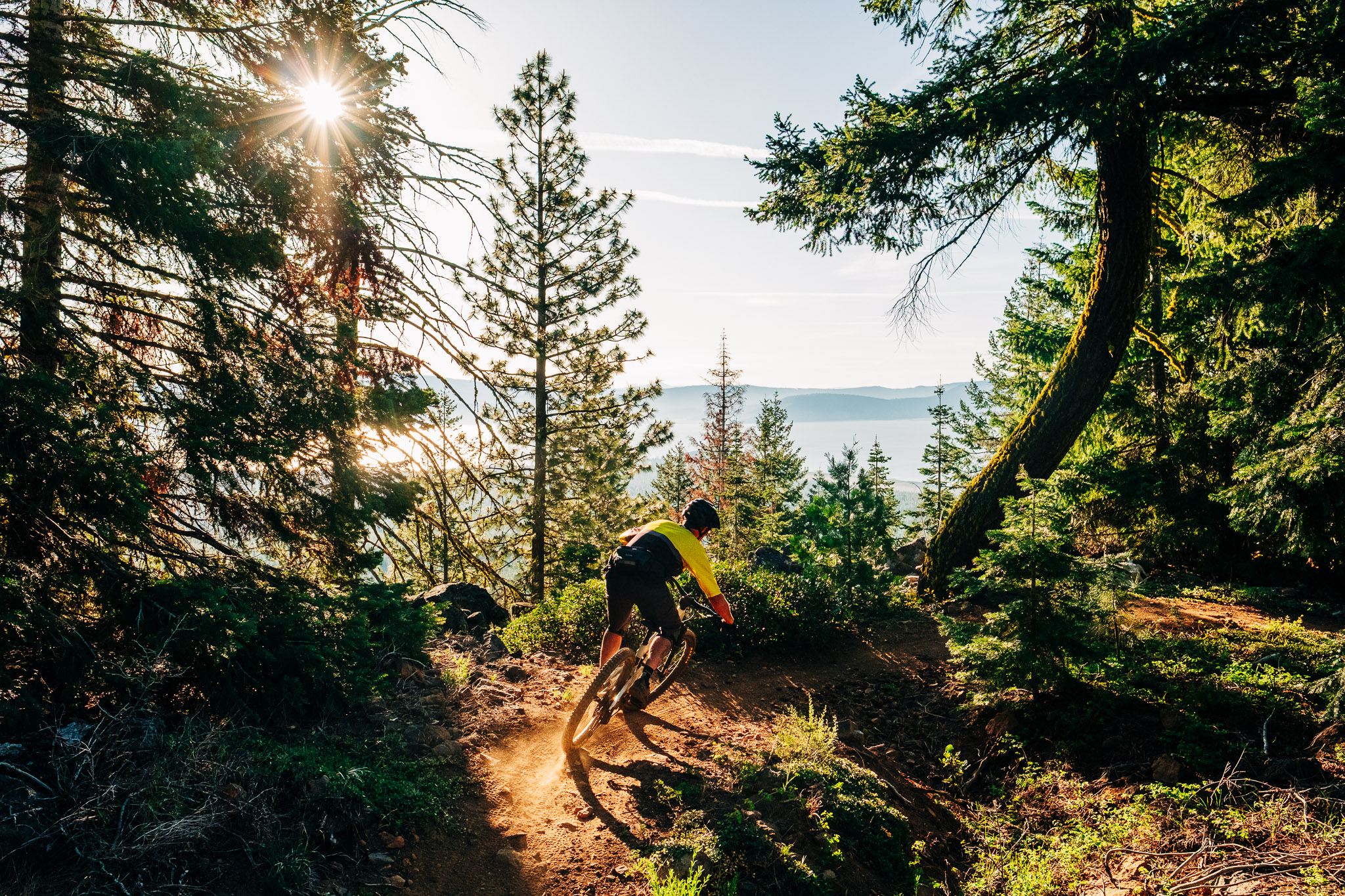A mountain biker riding down a dirt trail through a lush forest, with sunlight filtering through the trees, creating a warm and vibrant atmosphere. The background features a scenic view of distant hills and a lake. Spence Mountain mountain bike trail.