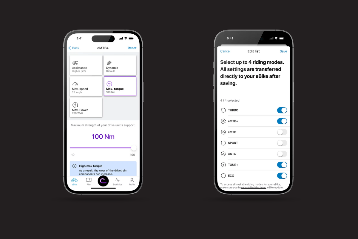 Two smartphones displaying mobile app interfaces for eBike settings. The left screen shows options for maximum torque, speed, and power settings, with a maximum torque slider positioned at 100 Nm. The right screen lists four customizable riding modes (Turbo, eMTB+, eMTB, Sport, Auto, Tour+, Eco) with toggle switches for selection. The backgrounds are dark, enhancing the visibility of the app elements.