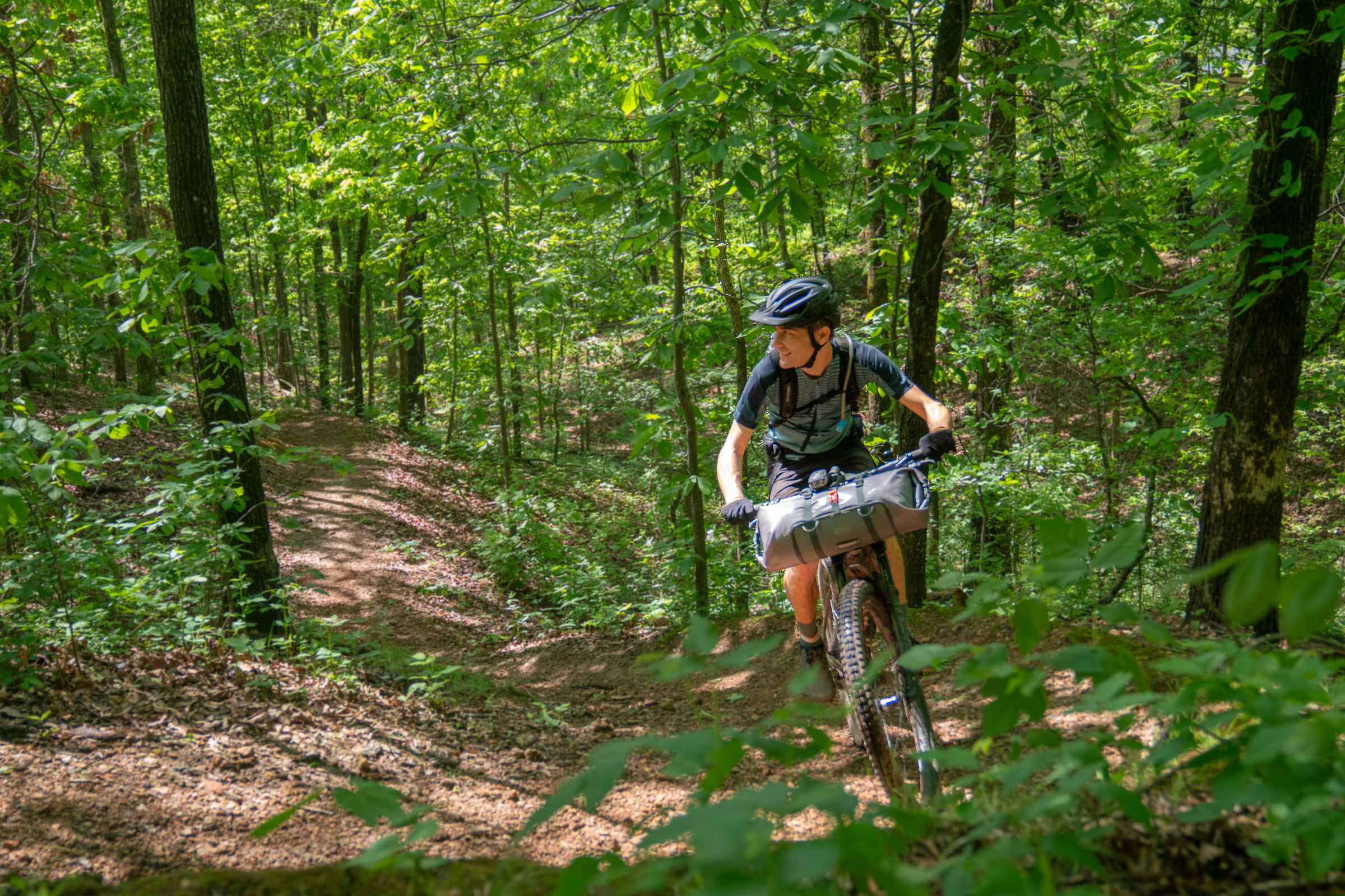 A mountain biker traverses a winding dirt trail surrounded by lush green trees in a forest setting. The biker, wearing a helmet and a backpack, leans slightly forward as they navigate the path. Sunlight filters through the leaves, creating a vibrant and lively atmosphere.