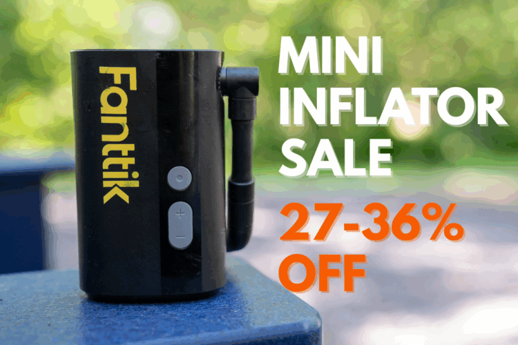 An image of a portable mini inflator with a black surface and visible buttons, featuring the brand name "Fanttik." The background is softly blurred, highlighting the product, which is promoting a sale of 27-36% off.