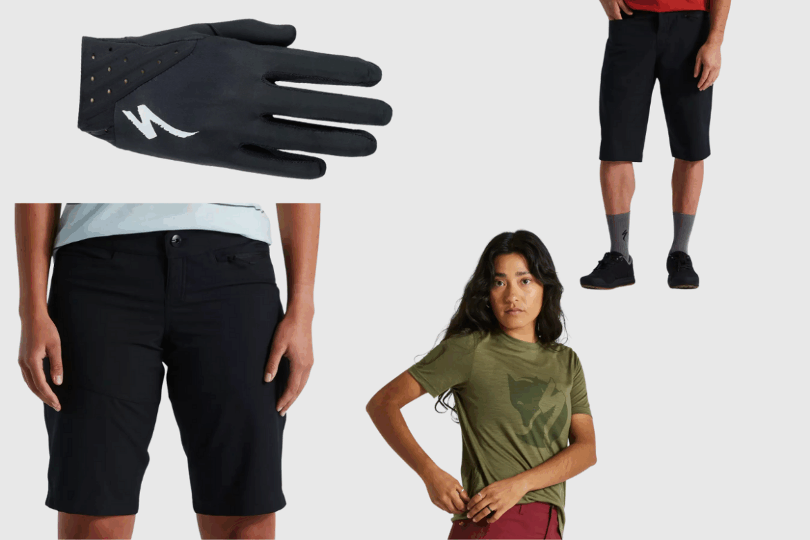 A collection of athletic apparel and accessories featuring a black cycling glove with a white logo, black shorts worn by a person, and a green t-shirt with a fox graphic on a woman. The background is a neutral gray.