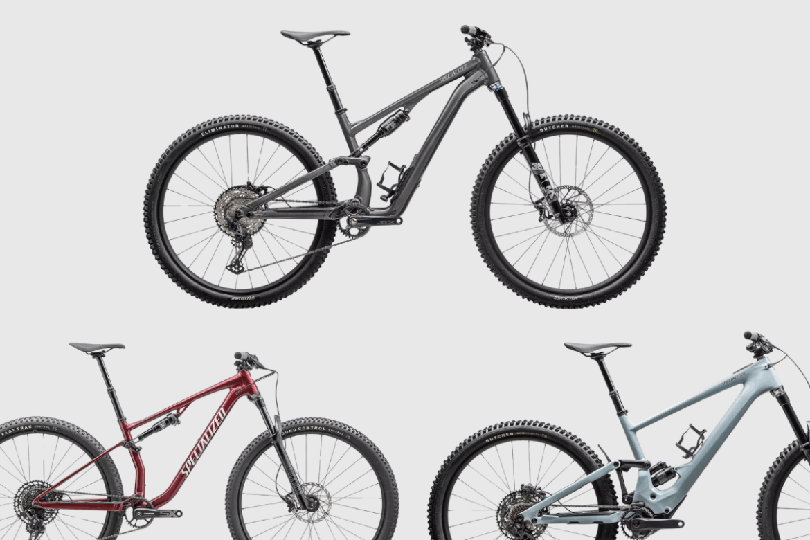 Three mountain bikes are displayed against a white background. The top bike is a dark gray model with large wheels and a modern frame design. Below it, the second bike is a vibrant red, showcasing a sleek look and robust tires. The third bike, positioned to the right, features a light blue frame, designed for optimal performance. All bikes are equipped with thick tires suitable for off-road terrain and have adjustable shock systems.