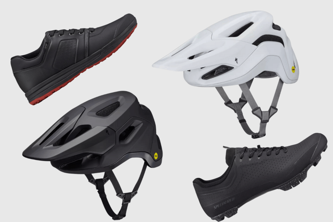 A collection of two pairs of athletic shoes and two bike helmets. The shoes include a black pair of casual athletic sneakers with a red sole and a black pair of cycling shoes with a textured surface. The helmets include a sleek black mountain biking helmet and a white road biking helmet, both designed for safety and comfort. All items are presented on a light gray background.
