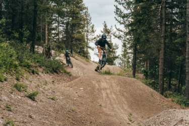 Two mountain bikers riding on a dirt trail in a forested area. One rider, wearing a black helmet and jacket, is airborne over a small jump, while the other, dressed in a green shirt and blue helmet, is positioned on the trail, navigating a turn. Tall trees surround the path, creating a natural setting for outdoor biking. Mount Harry Davis mountain bike trail.