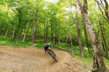 A mountain biker navigates a curved dirt trail through a lush green forest, surrounded by tall trees and bright sunlight filtering through the leaves. The rider is leaning into the turn, showcasing skill and agility on the bike. Sugarloaf Bike Park mountain bike trail.