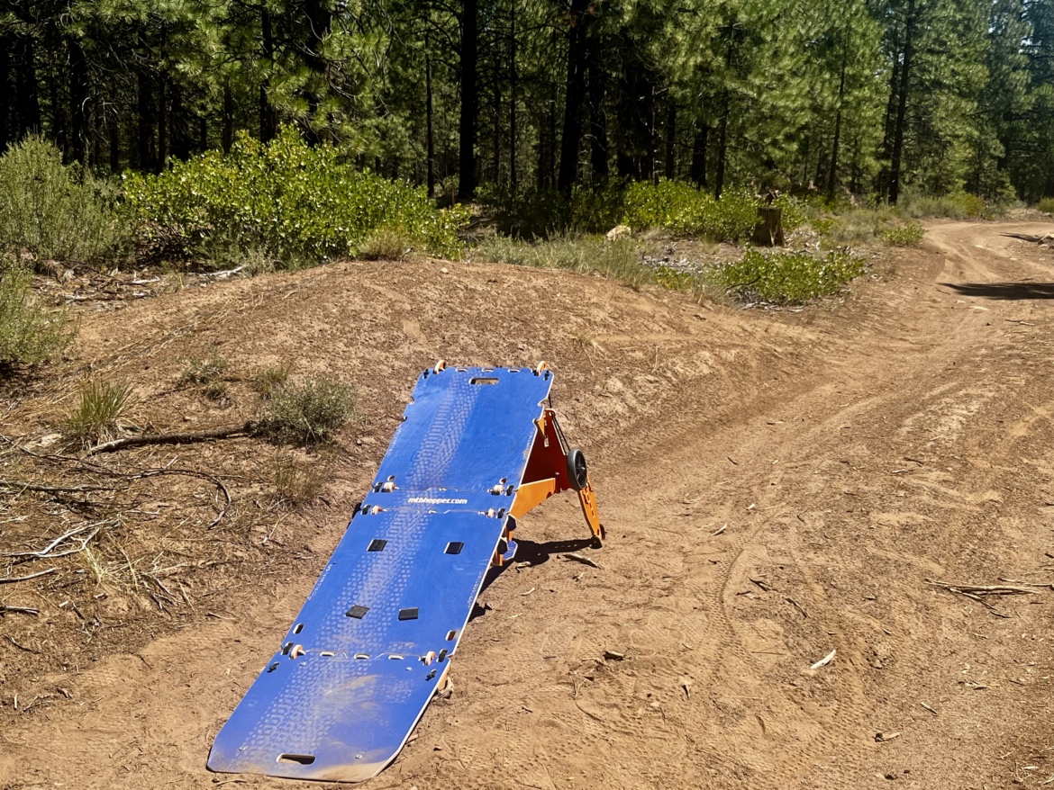 A blue loading ramp positioned on a dirt path in a forested area, surrounded by greenery and tall trees. The ramp is slightly angled and has texture features for traction. The scene is sunny, showcasing a natural outdoor environment.