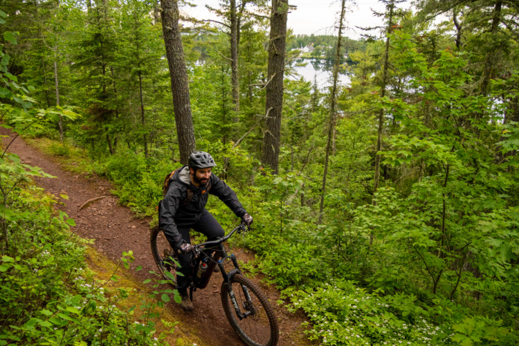 A cyclist riding a mountain bike along a dirt trail through a lush green forest, surrounded by tall trees and vibrant foliage, with a serene lake visible in the background.