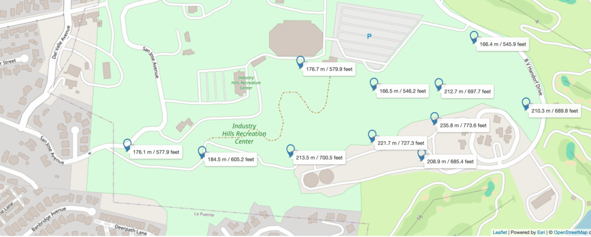 Map of the Industry Hills Recreation Center showing various marked points with elevation data in meters and feet, along with surrounding streets and residential areas.