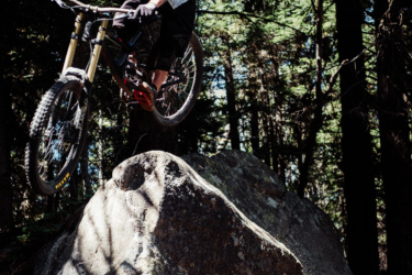 A mountain biker performs a jump off a large rock in a forested area, surrounded by tall trees and dappled sunlight. The rider is wearing a helmet and gloves, focused on landing safely. Pura Vida mountain bike trail.