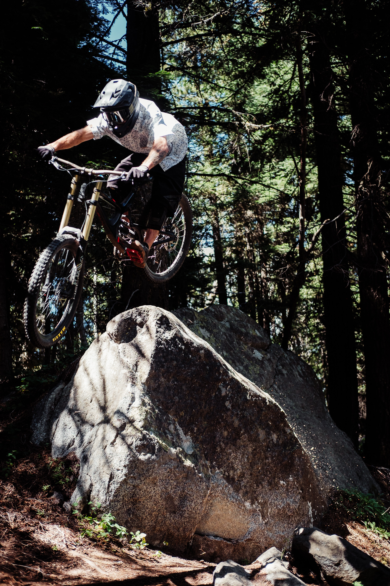 A mountain biker performs a jump off a large rock in a forested area, surrounded by tall trees and dappled sunlight. The rider is wearing a helmet and gloves, focused on landing safely. Pura Vida mountain bike trail.