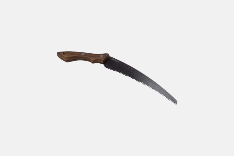 A curved saw with a serrated black blade and a wooden handle, positioned against a clean white background.