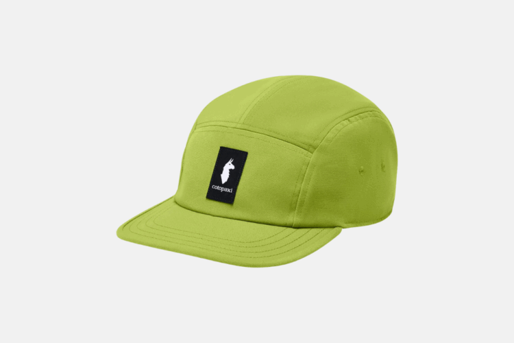 A bright green cap with a flat brim and a black logo patch featuring a white silhouette of a llama on the front. The cap has several stitching details and ventilation holes on the side panels.