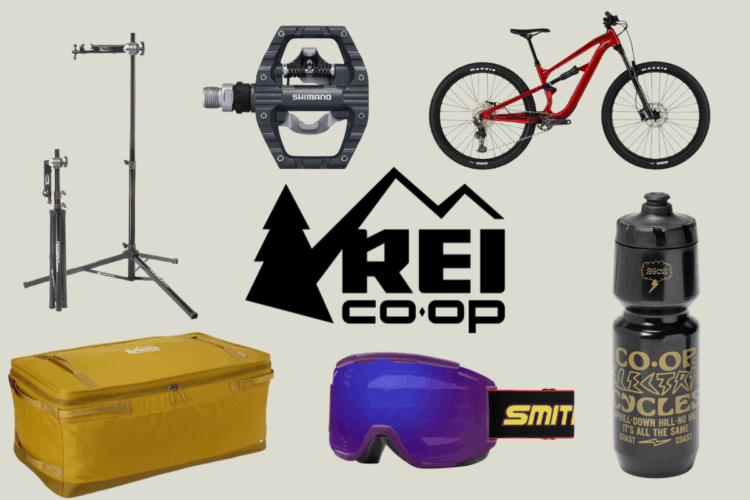 A collage of outdoor and cycling gear featuring a red mountain bike, a Shimano pedal, a bike repair stand, a yellow storage bag, purple ski goggles, and a black water bottle, along with the REI Co-op logo.