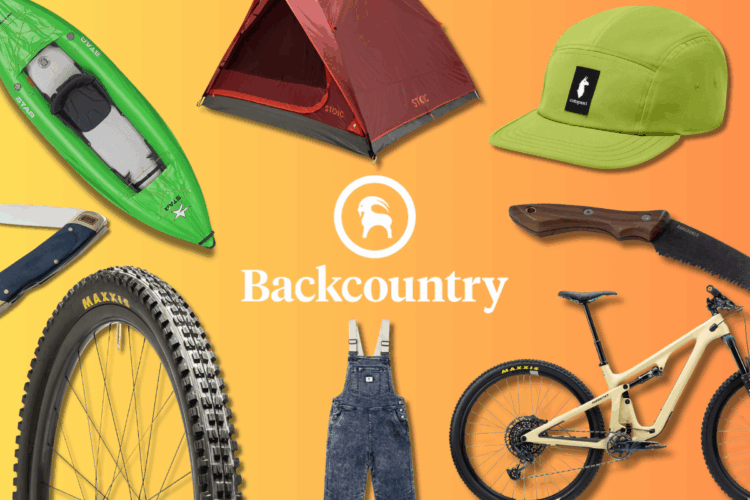 An arrangement of outdoor gear and apparel including a green kayak, a red tent, a lime green cap, a blue-handled knife, a mountain bike tire, denim overalls, a tan mountain bike frame, and a serrated knife, with the "Backcountry" logo displayed prominently in the center against a gradient orange background.