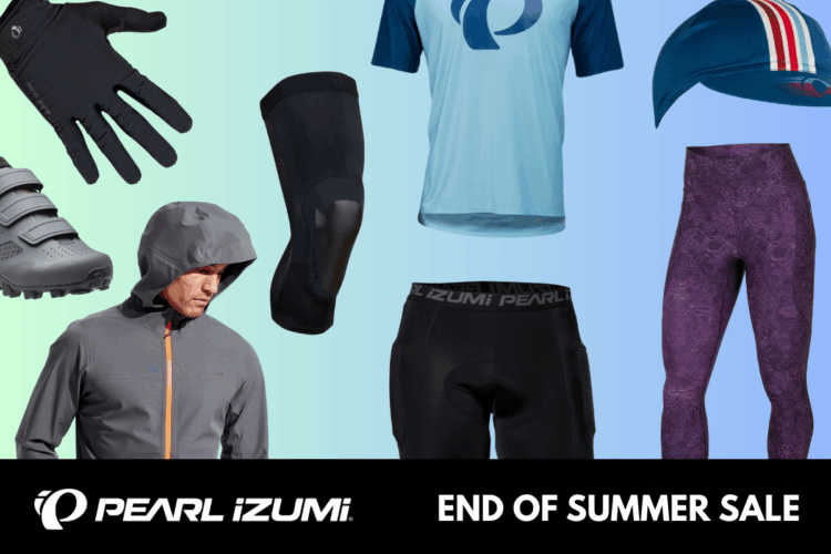 Image featuring a variety of Pearl Izumi cycling apparel and accessories, including a cycling jersey, gloves, knee sleeves, shorts, leggings, and a cap, arranged against a gradient background. The bottom of the image displays the text "Pearl Izumi" and "End of Summer Sale."