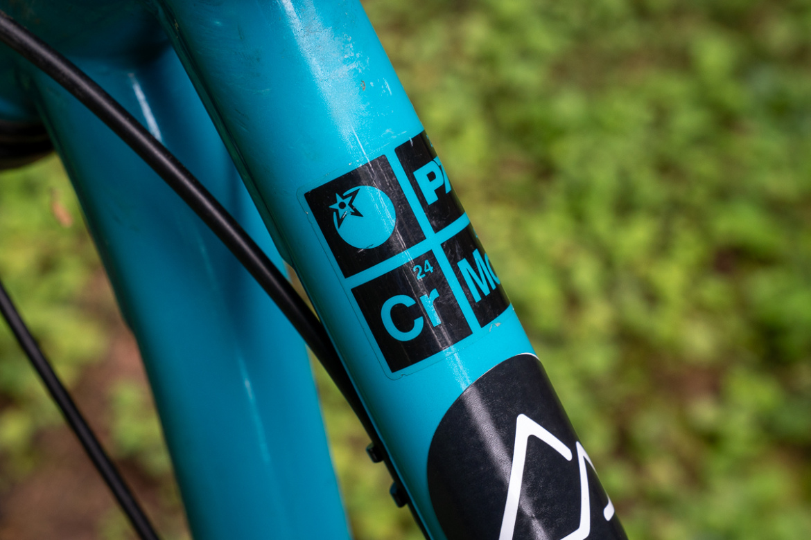 Close-up view of a turquoise bicycle frame featuring a black sticker with the chemical elements phosphorus (P), chromium (Cr), and molybdenum (Mo) symbols, indicating material specifications. The background is a soft focus of green foliage.