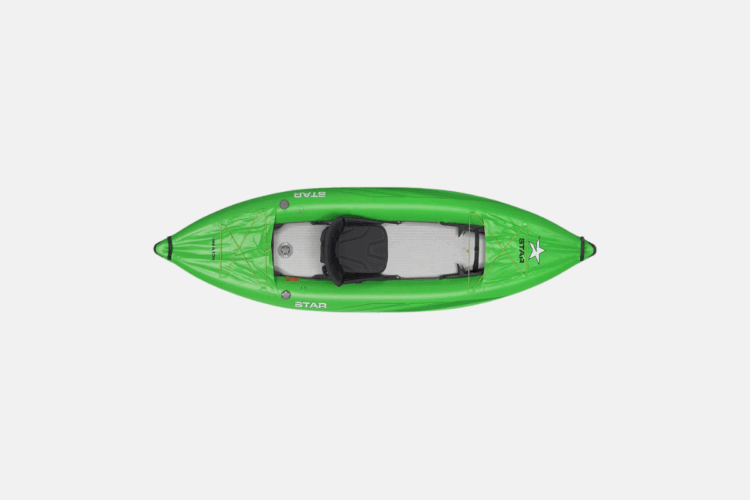 An overhead view of a bright green inflatable kayak with a black seat and light-colored interior. The kayak features a streamlined design and is positioned against a white background.