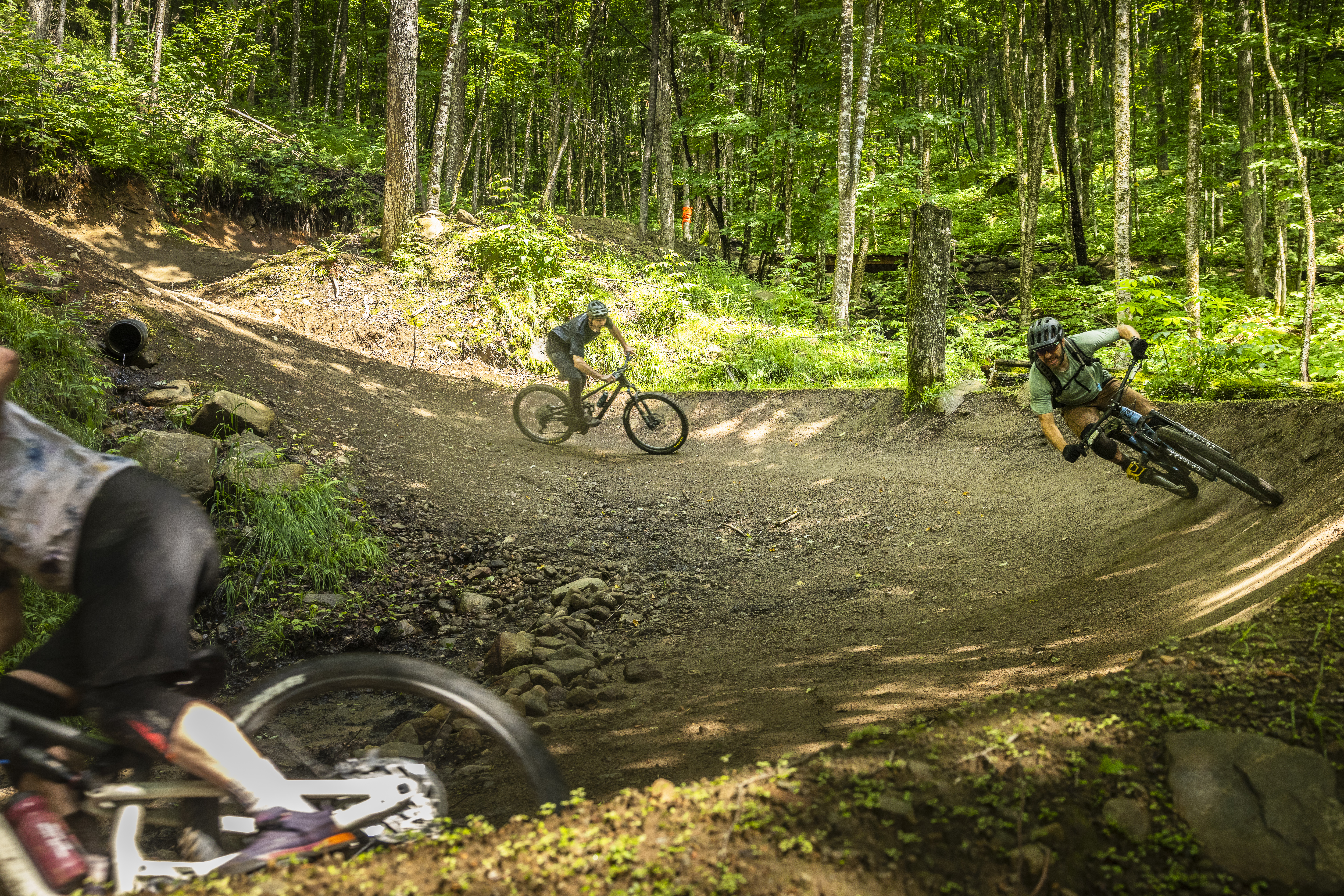 Two mountain bikers maneuver through a dirt track in a lush green forest. One rider, in the foreground, is leaning into a corner, while the other rider, further back, is in the process of navigating the bend. The surrounding area is filled with trees and greenery, creating a vibrant, natural setting.