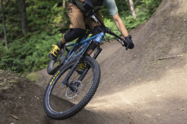 A mountain biker leans into a turn on a dirt trail in a lush, green forest. The rider is wearing a helmet and protective gear, with a blue mountain bike kicking up dust as they navigate the terrain. Sunlight filters through the trees, highlighting the natural setting. Octopus - Kraken mountain bike trail.