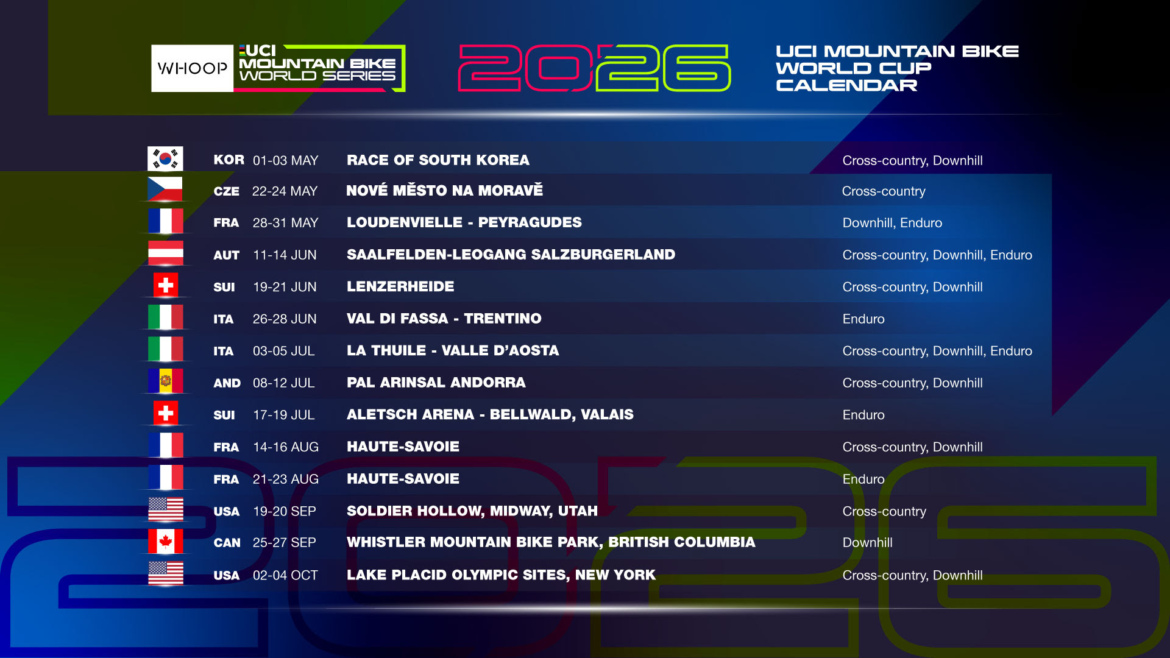 A colorful calendar for the 2026 UCI Mountain Bike World Cup series, displaying event dates and locations. The calendar includes races in various countries, featuring disciplines such as cross-country, downhill, and enduro. Notable locations include South Korea, Italy, Switzerland, the United States, and Canada, with specific events scheduled from May to October 2026.