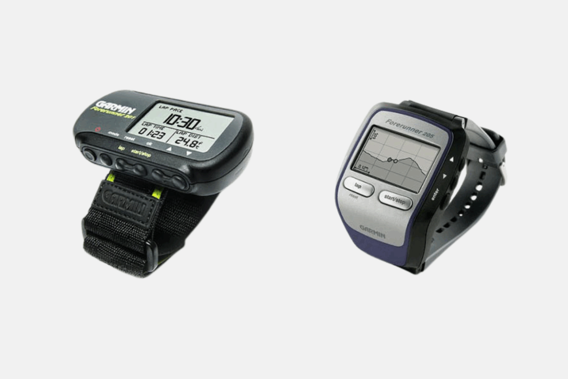 Two Garmin fitness devices are displayed side by side. On the left, a wrist-mounted sport watch with a digital display showing lap and pace information, and displaying the current temperature. On the right, another wrist watch labeled "Forerunner 205," featuring a larger screen showing a graph and navigation buttons. Both devices are designed for tracking fitness and performance metrics.