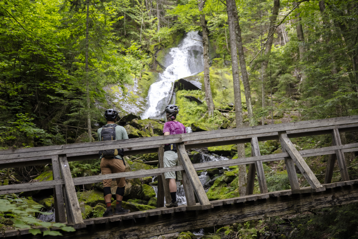 Two mountain bikers on a wooden bridge overlooking a lush green forest and a waterfall cascading down rocks. The scene captures the beauty of nature, with bright green foliage and water flowing amidst the tranquility of the woods.