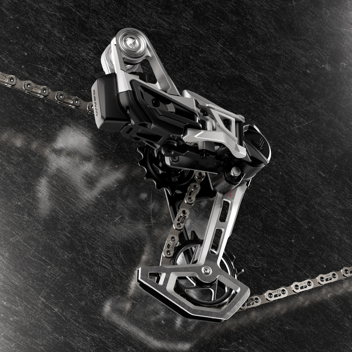 A close-up view of a modern bicycle derailleur mounted on a metal surface, featuring intricate mechanical components and a chain. The derailleur showcases sleek design elements, with silver and black materials, emphasizing its functionality and precision in shifting gears.