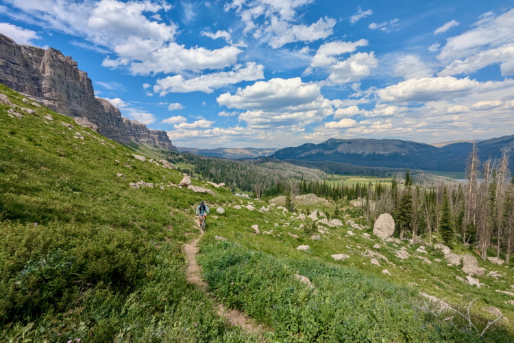 A hiker walks along a winding trail through lush green meadows, surrounded by rocky cliffs on the left and expansive mountains in the background under a blue sky dotted with clouds.
