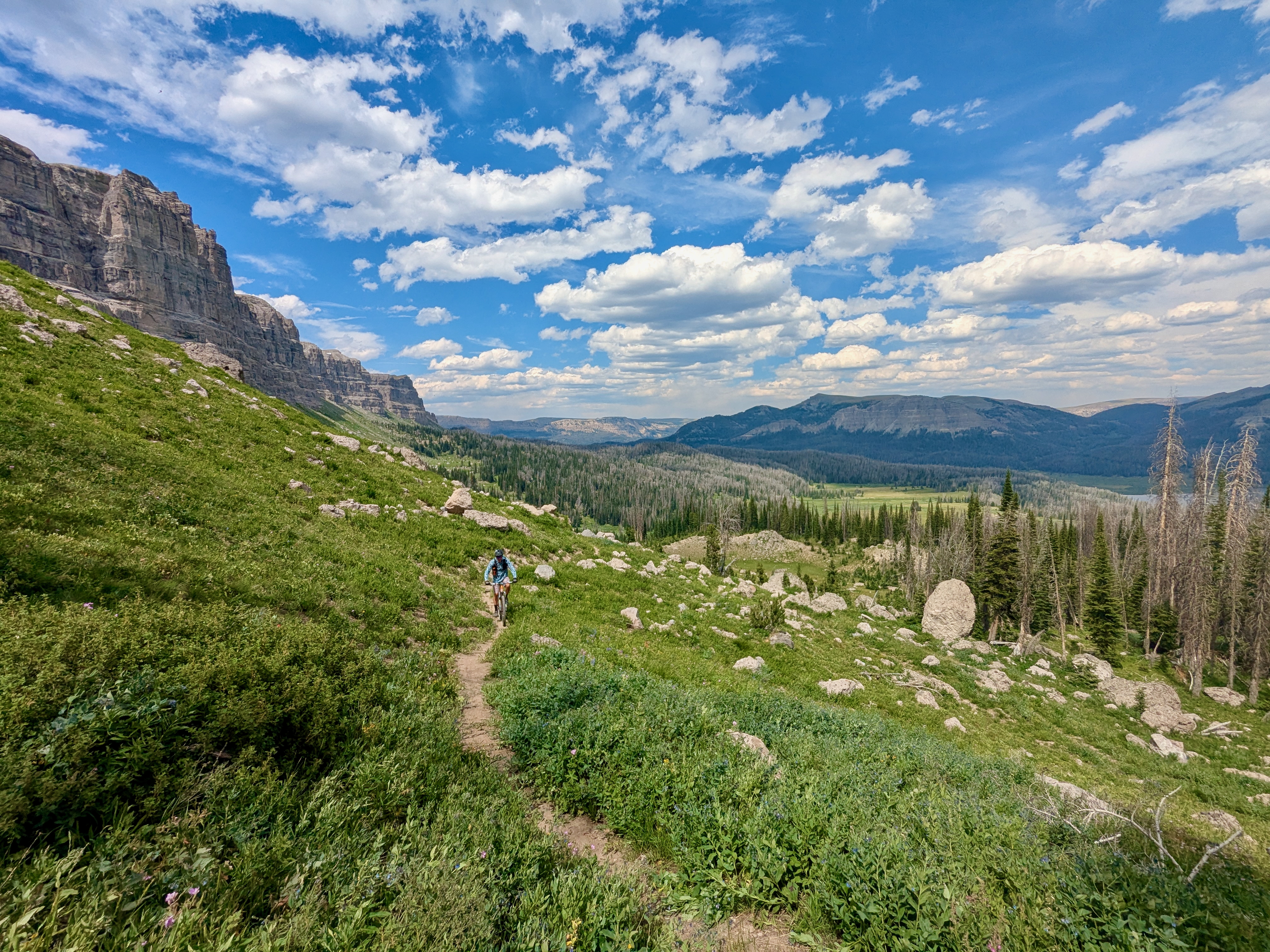 A hiker navigating a winding trail through lush green grass and rocky terrain, surrounded by towering cliffs and expansive mountains under a partly cloudy blue sky. CDT: Togwotee Pass to Jade Lake mountain bike trail.