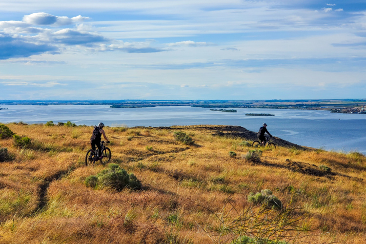 Two mountain bikers traverse a grassy hillside overlooking a large body of water, with a backdrop of blue skies and scattered clouds. The landscape features gentle slopes and patches of shrubs, highlighting an outdoor adventure setting.