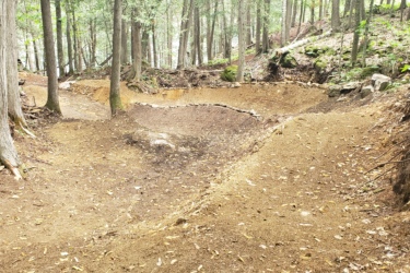 A winding dirt trail in a forested area, surrounded by tall trees and covered in fallen leaves. The trail features two curved sections, one deeper than the other, and is lined with natural earth and scattered rocks, indicating potential for biking or hiking activity. Wilderness Tours Bike Park mountain bike trail.