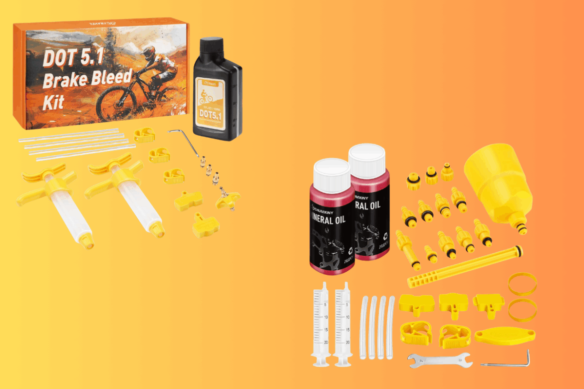 Image of a DOT 5.1 Brake Bleed Kit displayed against an orange gradient background. The kit includes various components such as syringes, tubes, connectors, two bottles of mineral oil, and a bottle of DOT 5.1 fluid, along with additional tools and accessories for brake maintenance.