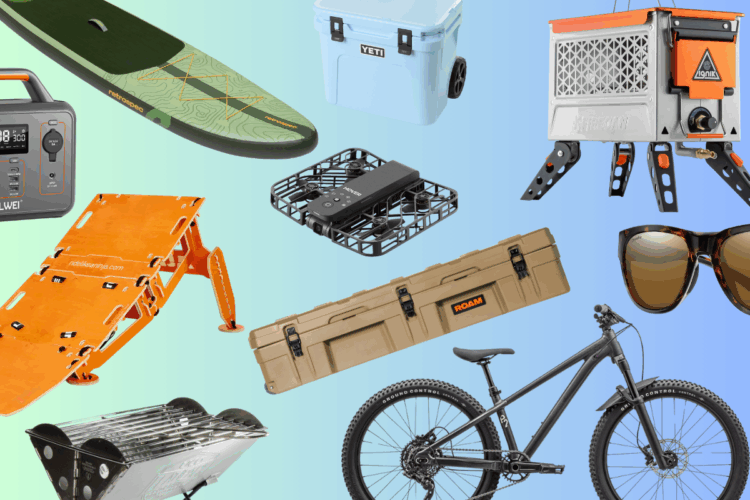 A collection of outdoor gear and equipment, including a paddleboard, cooler, portable power station, drone, a bike, sunglasses, a camping stove, a storage case, and a climbing ladder, set against a gradient background.
