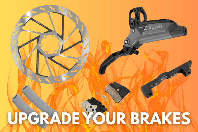 An assortment of bike brake components, including a silver disc rotor, a brake lever, brake pads, and hose segments, displayed against a vibrant orange background with flame-like graphics. The text "UPGRADE YOUR BRAKES" is prominently featured at the bottom.