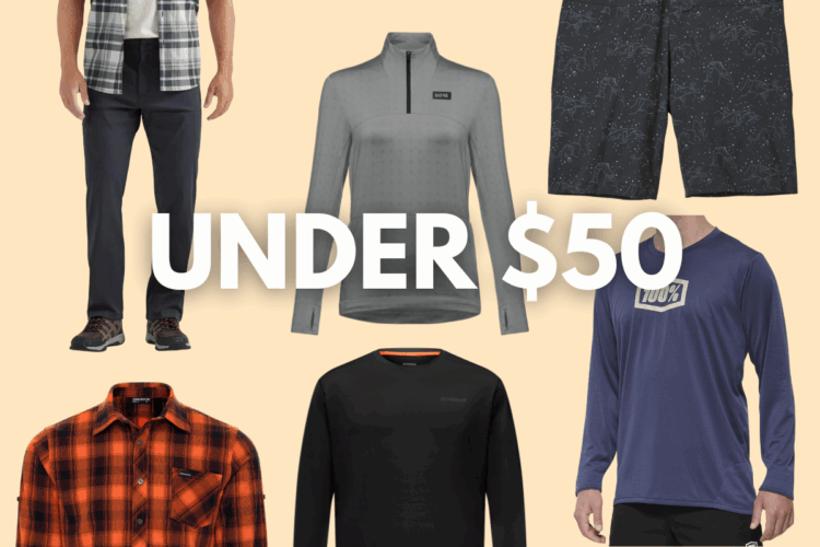 A collage of men's apparel, including a plaid shirt, a gray quarter-zip top, black shorts with a design, a red and black flannel shirt, a black long-sleeve shirt, and a blue long-sleeve shirt. The prominent text in the center reads "UNDER $50," highlighting affordable clothing options. The background is a soft beige color.