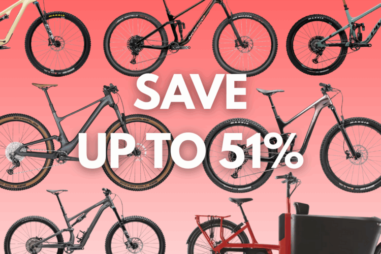 A collection of bicycles displayed against a pink background, featuring various models and styles. The text in the center boldly states "SAVE UP TO 51%".