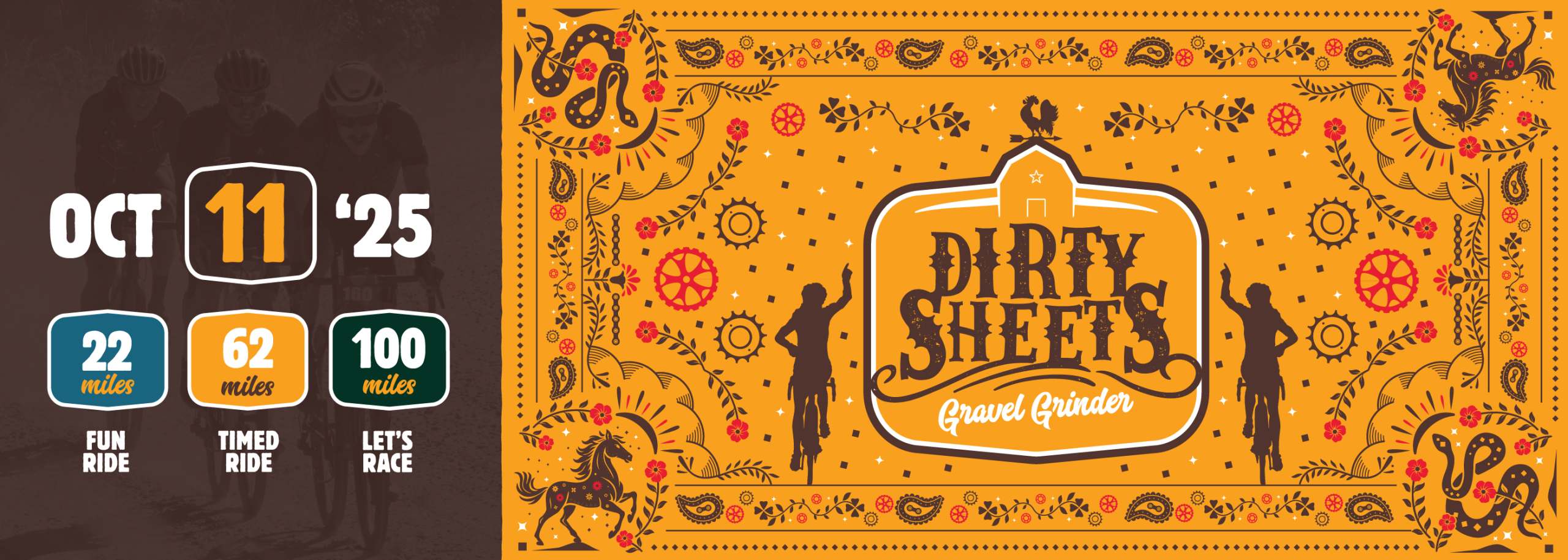 A graphic promoting the "Dirty Sheets Gravel Grinder" event scheduled for October 11, 2025. The design includes colorful, ornate borders with illustrations of bicycles and nature motifs. Key details highlight ride options of 22 miles, 62 miles, and 100 miles, labeled as "Fun Ride," "Timed Ride," and "Let