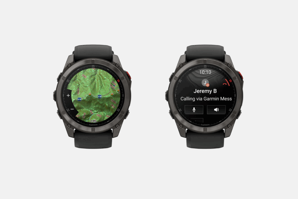 A Garmin smartwatch displaying two different screens: the left screen shows a topographic map with elevation details and navigation points, while the right screen shows a call interface with a contact name and options for voice interaction. Both screens are set against a clean white background.
