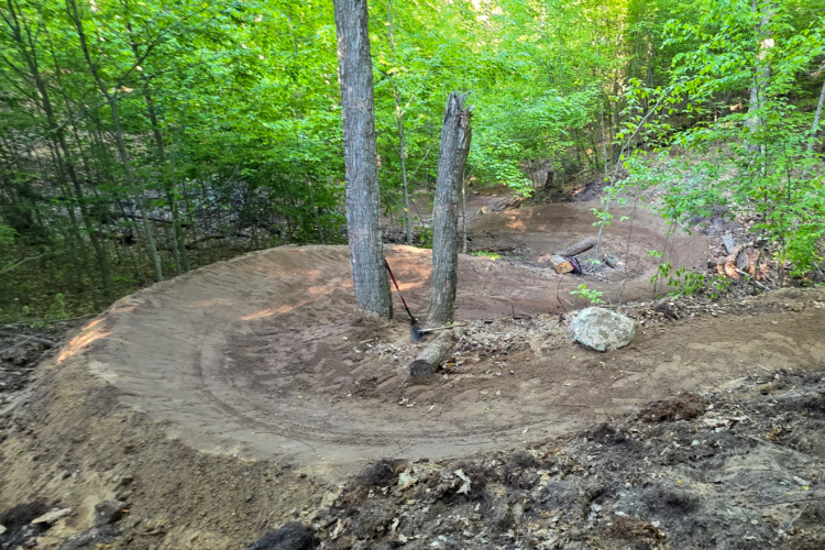 A curved dirt bike trail winding through a wooded area, surrounded by trees and greenery. The trail is well-defined, with a smooth surface, and there are some natural obstacles like rocks and fallen logs nearby.
