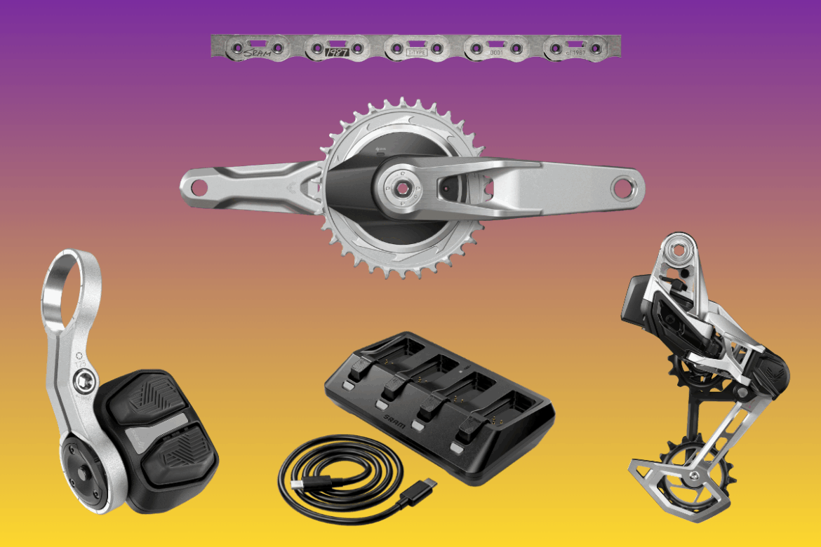 Image of various bicycle components including a chainring, chain, derailleur, button control, a charging dock with multiple bays, and a USB cable, all set against a gradient purple and orange background.