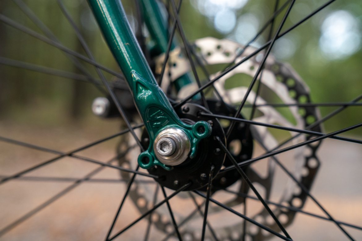 Close-up view of a bicycle wheel hub with green components and black spokes, featuring a disc brake in the background. The image showcases the intricate details of the hub and braking system against a blurred natural backdrop.
