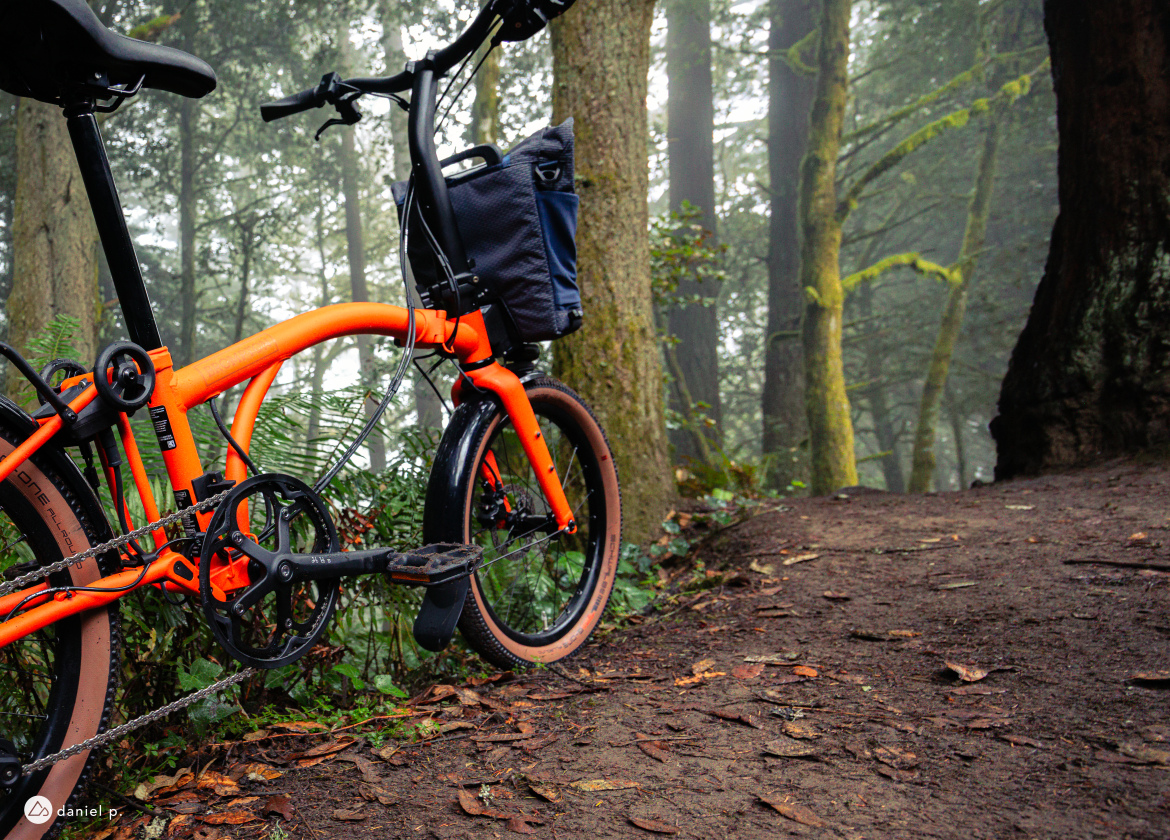 A vibrant orange folding bicycle is positioned along a dirt path in a foggy forest. The lush greenery surrounds the bike, while tall trees rise in the background, creating a serene and tranquil atmosphere.