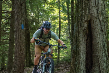 A mountain biker navigating a dirt trail in a forest, surrounded by tall trees and dappled sunlight, as he maneuvers over uneven terrain. Leicester Hollow and Chandler Ridge Loop mountain bike trail.