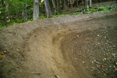 A close-up view of a winding dirt path in a forest, showing the textured surface with scattered leaves and twigs. Sunlight filters through the trees in the background, creating a natural, serene atmosphere. Mt. Peg mountain bike trail.
