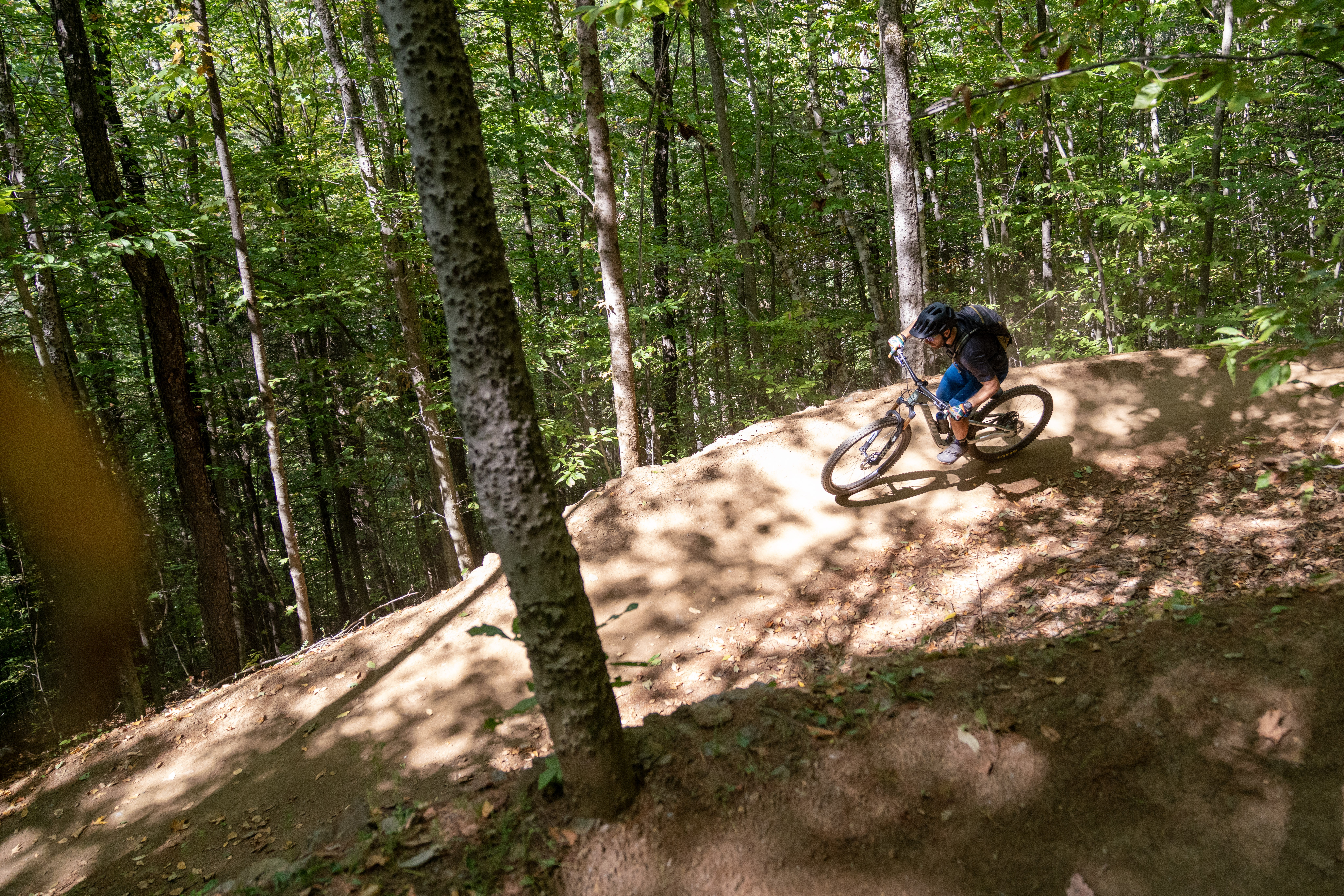 A mountain biker navigating a bend on a dirt trail surrounded by lush green trees in a forested area. Sunlight filters through the foliage, casting dappled shadows on the trail.